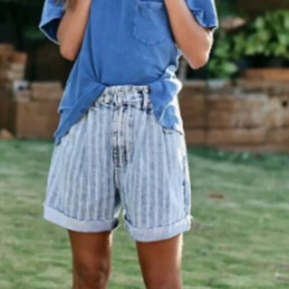 Free People Printed Dogtown Cut Off High Rise Shorts, Indigo Stripe, Size 25